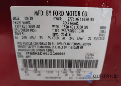 2018 Ford Explorer Xlt из США, поврежденный, VIN 1FM5K8DH9JGC66555